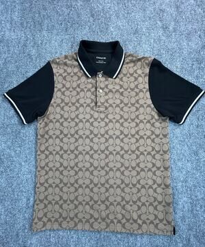 Coach Signature Print Polo Shirt Men's Medium Gray Black Logo Cotton Blend NWOT